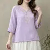 Camiseta de Algodón y Lino Bordada con Cuello en V Artístico Vintage para Mujer, Suéter Casual Holgado, Top Adelgazante