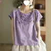 Camiseta de Algodón y Lino Vintage con Bordado Pesado de Cuello Redondo para Mujer, Nuevo Modelo Verano 2026, Suéter Delgado Elegante Versátil para Mujer