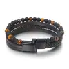 Pulseira Masculina de Pedra Olho de Tigre Natural Mais Vendida no Exterior Pulseira de Couro PU Multicamadas Retro Tecida à Mão com Contas em Estoque