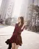 Nueva Falda Base Adelgazante Ajustada Estilo Coreano Elegante Cintura Vestido de Manga Larga Cuadros Rojos