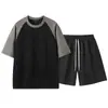 Camiseta de Manga Curta Masculina Verão Solta Casual Camurça Gola Redonda Camisa Básica Tendência Conjunto de Shorts Roupas Masculinas