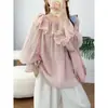 Nova blusa de outono, estilo fresco e doce, versátil, que rejuvenesce, com gola franzida, camisa de manga comprida solta e que afina, atacado