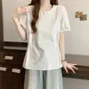 Moda Verão Feminina Plus Size Japonesa e Coreana Estilo Coreano Jovem Gola Redonda Manga Bufante Cintura com Cordão Camisa Versátil Emagrecedora para Mulheres
