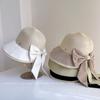 Sombrero de Paja para Mujer con Lazo de Verano con Abertura Trasera, Costuras de Tela, Parasol, Elegante, Combinable con Todo, Transpirable, Tipo Cubo, Moda Sombrero de Pescador