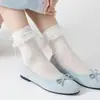 Meias Finas de Renda para o Verão, Comprimento Médio da Panturrilha para Mulheres, Meias Doces Estilo Ballet com Laço, Meias Versáteis Estilo Miu