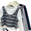 Top de Otoño para Niña de Manga Larga 2026 Nuevo Estilo, Falso Dos Piezas Primavera/Otoño Rayado Retro Coreano