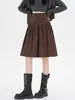 Saia Midi de Veludo Cotelê Cor Café com Bolinhas Estilo Retrô para Meninas Plus Size Outono Inverno Ligeiramente Cheinhas Afinando Linha A Cinco Pontos