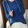 Suéter de Punto de Algodón Puro para Mujer Cuello en V Rizo Jersey Base Suelto Ajustado Estilo Extranjero Combinable Manga Larga Suéter de Algodón