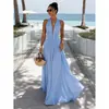 Vestido largo cruzado europeo y americano con cuello halter, escote en V profundo, diseño retorcido para mujer, estilo vacacional de playa, sin espalda, con caída, falda amplia, vestido formal