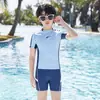 Maiô Infantil Pull Back Meninos 2025 Verão Novo Meninos Maiô Dividido Juvenil Treino Conjunto de Sunga de Natação