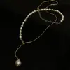 Collar de cadena para clavícula estilo coreano Dongdaemun de perlas de agua dulce con ajuste de cordón, collar en forma de Y de temperamento Y2K para mujer
