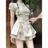 Nuevo conjunto de dos piezas de vestido cheongsam con mangas abullonadas y botones, diseño Guofeng retro chino mejorado