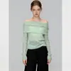 Top de punto semitransparente color verde menta, hombros descubiertos, para mujer, nuevo estilo otoño 2026, de manga larga, exquisitamente hermoso, estilo francés