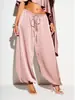 Pantalones rosas de satén de pierna ancha para mujer, holgados de cintura alta, con cinturón de corbata, largos hasta el suelo, pantalones casuales, estilo europeo y americano, nuevo modelo de moda