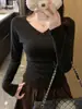 2602X Camiseta de Manga Longa com Pregas na Cintura e Decote V Estilo Coreano Selecionada Cuidadosamente para Mulheres Outono Inverno Emagrecedora Versátil Base de Algodão