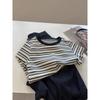 Diseño Retro Hombro Rayado Cuello Redondo Manga Corta Camiseta para Mujer Moda de Verano Ajustada Adelgazante Top Base Interior