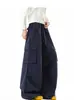Pantalones Anchos Rectos Sueltos Pantalones Largos de Pareja Retro Americano Cordón Plisado Múltiples Bolsillos Pantalones Cargo Unisex Otoño Marca de Moda