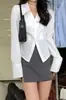 Design único, camisa azul acinturada para mulheres, nova coleção primavera/outono 2025, estilo francês, curta e sexy