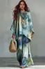 Conjunto de Duas Peças Feminino com Estampa Nova Transfronteiriça, Temperamento, Para o Trabalho, Personalidade, Moda Casual, Gola Redonda, Manga Longa, Camiseta + Calça Flare