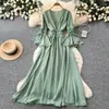 Vestido Elegante Retrô com Manga Lanterna e Decote V com Amarração, Estilo Coreano de Primavera para Mulheres, Vermelho, Afina a Cintura, Emagrecimento, Vestido Longo