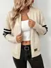 Cárdigan de punto con cremallera popular transfronterizo para mujer, otoño e invierno, con diseño de anillo circular de tracción a rayas, versátil y rejuvenecedor para el uso casual diario