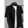 Camisa Masculina de Manga Curta com Gola Cubana e Textura, Estilo Old Money em Linho Sintético, Jaqueta Camisa Fina de Verão, Top de Caimento Solto
