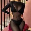 Lencería Sexy Estilo Europeo y Americano Medias Sexy Medias de una Sola Pieza Uniforme Tentación Abertura en la Entrepierna Negras Transparentes Lindas W413