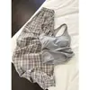 Pijama de camisola gris estilo minimalista coreano para mujer, nueva llegada de verano, pantalón largo a cuadros de pierna ancha, conjunto de ropa para el hogar, se puede usar para salir