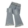 Jeans Feminino 2025 Primavera Novo Cintura Alta Slim-fit Emagrecedor Micro-flare com Borda de Pelo Cor Clara Calças Micro-flare para Mulheres Pequenas