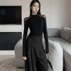 Camiseta de Malla Transparente Ligeramente Sexy con Empalmes, Manga Larga, Estilo Puro de Deseo Transfronterizo de Comercio Exterior para Mujer, Primavera y Otoño, Top Sexy Delgado que Adelgaza