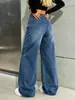 Comércio transfronteiriço europeu e americano, tamanho europeu, azul escuro, perna larga, perna curva, jeans feminino estiloso com cintura elástica e cintura alta