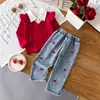 Conjunto de Pantalones Largos de Mezclilla Bordados con Manga Larga de Encaje y Cuello para Bebé y Niño Pequeño, Nuevo Estilo Académico de Comercio Exterior, Elegante, Falso de Dos Piezas