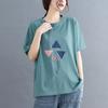 Verano Japonés y Coreano Nuevo Tallas Grandes Holgados Aspecto Adelgazante Camisetas de Manga Corta Casual Versátiles Color Contrastante Parche Artístico para Mujer