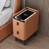 Mesita de noche inteligente con carga inalámbrica, diseño moderno simple, lujo ligero, tablero de roca, madera maciza, mini mueble de noche ultraestrecho con lámpara