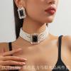 Corea del Sur Vintage Perla Diamante Borla Cadena de Cuello Celebridad Cibernética Sentido del Diseño Elegante Flor Lazo Cadena Clavicular Collar para Mujer