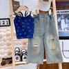 Traje de Verano Nuevo para Niñas Ai Le Rabbit 2024 Chaleco Lindo para Bebé Niña Más Jeans Conjunto de Dos Piezas