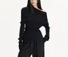Anna anea suéter feminino de manga longa cinza escuro design slim fit de primavera gola alta ombro a ombro base
