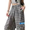 Calça de Linho Xadrez Wide-Leg Feminina Verão 2026 Novo Estilo Coreano Solta Emagrecedora Casual Estilo Preguiçoso Versátil Calça Longa