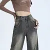 Jeans Anchos Lavados Vintage para Mujer Primavera Delgados de Cintura Alta Estilo Americano Rectos para Personas Pequeñas y Perezosas Pantalones Anchos tipo Mopa
