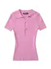 Chica Caliente Sexy Cuello Solapa Hueco Botón Manga Corta Tejido de Punto Verano Nuevo Elástico Ajustado Color Sólido Top Básico para Mujer
