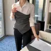 Estilo Chic Coreano 2026 Primavera e Outono Nova Camisa Patchwork Irregular Listrada com Gola Estilo Coreano para Mulheres