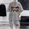 Verano 2024 Nuevo Traje Deportivo de Waffles para Niños Estampado de Dibujos Animados Sensación de Alta Gama Afeminado Atractivo Holgado Afeminado Atractivo Ropa para Hombre