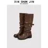 Botas Caídas con Hebilla y Tacón Grueso, Nuevas Botas de Media Caña Vintage Desgastadas Otoño 2025, Botas de Trabajo Nicho Estilo Coreano para Mujer