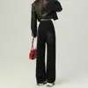 Calça Jeans Wide Leg de Cintura Alta Preta e Cinza para Mulheres, Novo Estilo Outono/Inverno 2025, Caimento Solto Petite, Calça Reta Emagrecedora