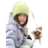 Gorro de punto de pelo de conejo color dopamina de doble inin para mujer, estilo holgado que estiliza el rostro, gorro cálido para cubrir la cabeza