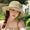 Sombrero de Paja Floral de Verano para Mujer, Protección Solar, Sombrero de Pescador de Ala Ancha, Estilo Pastoral, Vacaciones en la Costa, Lindo Sombrero Tejido