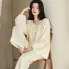Cardigan de pijama de gasa de algodón puro de manga larga y pantalón largo, conjunto de dos piezas de ropa para el hogar 100% algodón de color liso para transmisión en vivo transfronteriza para mujer