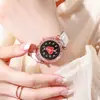 1 pieza - Reloj de cuarzo de moda para mujer con esfera en forma de corazón de pedrería y correa de cuero para mujer