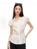 Camisa Chery Melody de manga curta plissada, com mangas bufantes, em formato I, semi-transparente, para afinar a cintura, para mulheres, de verão, slim e versátil