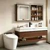 Novo Gabinete de Banheiro Integrado Sem Emendas de Duas Camadas de Ardósia e Gabinete para Lavatório em Madeira de Nogueira Estilo Chinês para Hotel e Pousada